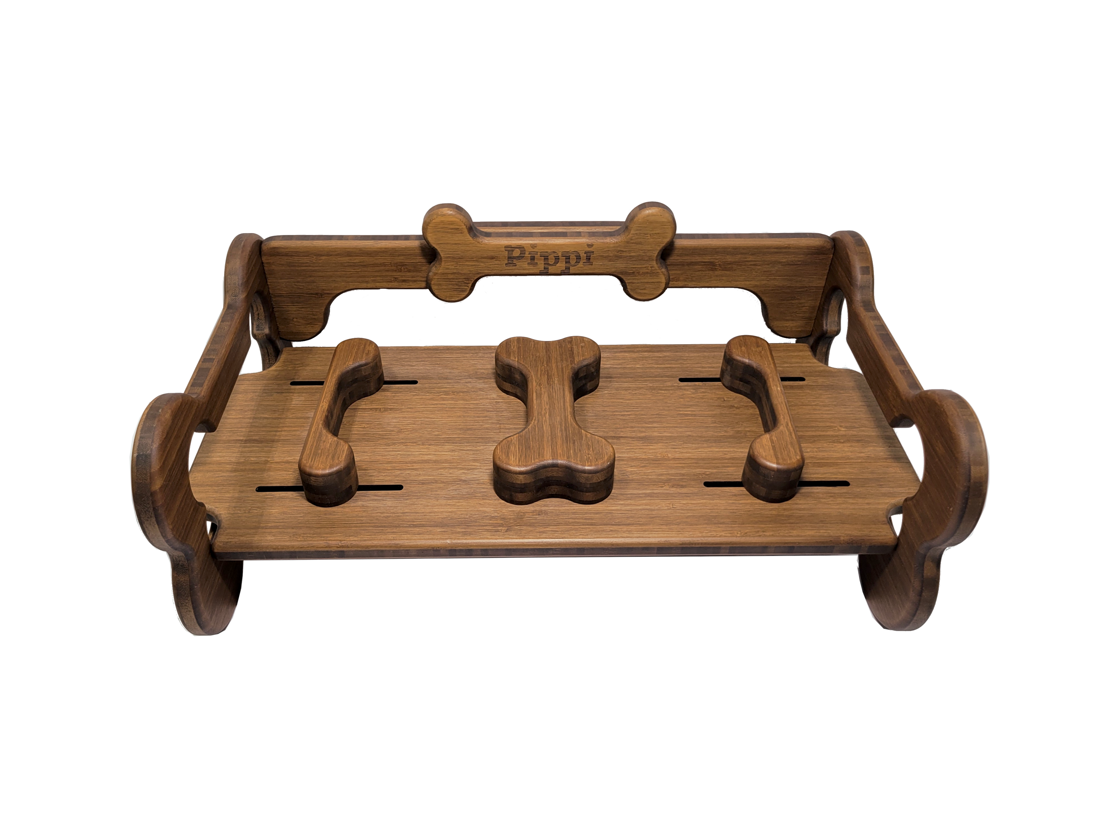 Personalized Chocolate Bamboo Adjustable Dog Food Bowl Tray Holder