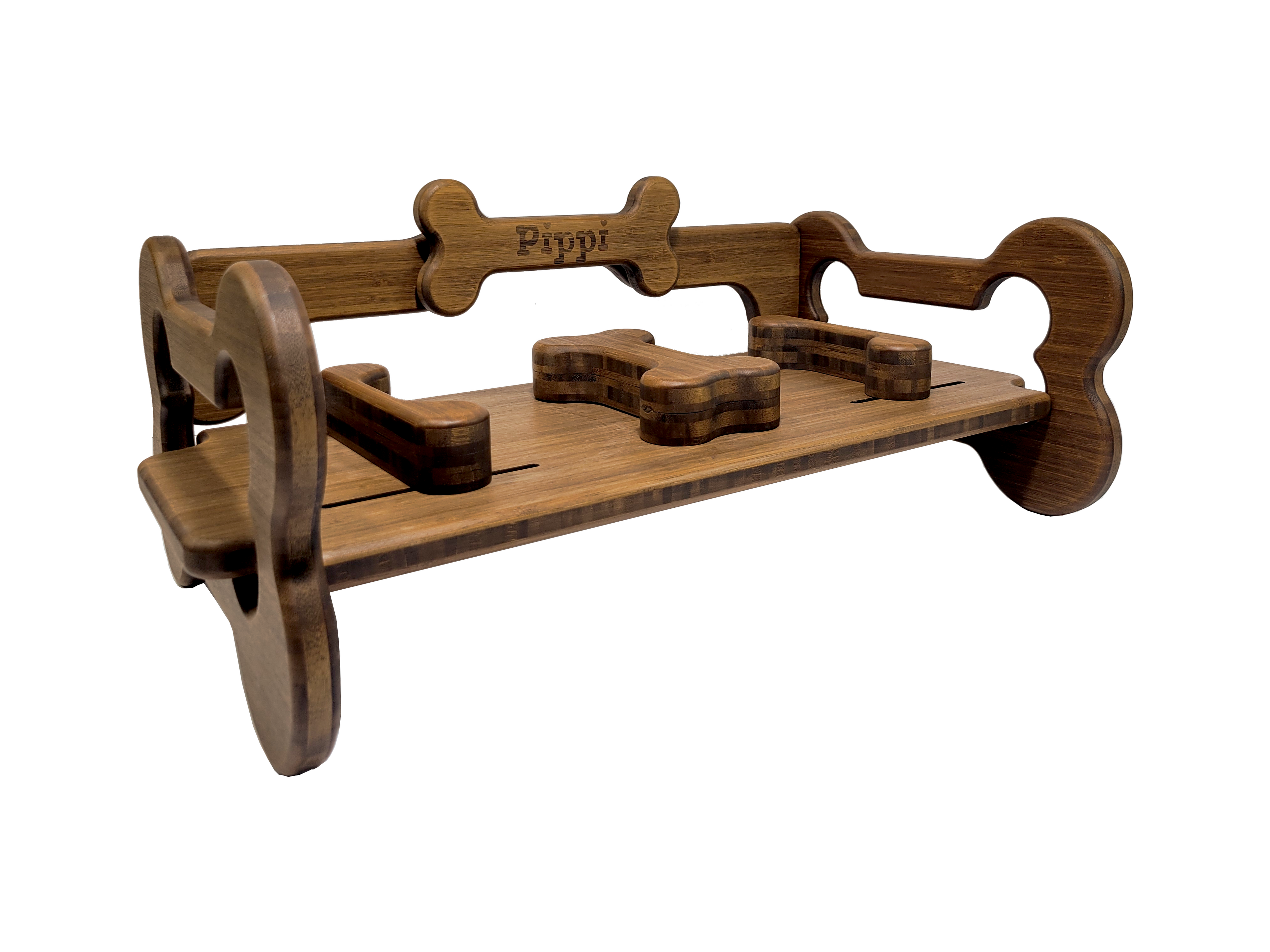 Personalized Chocolate Bamboo Adjustable Dog Food Bowl Tray Holder