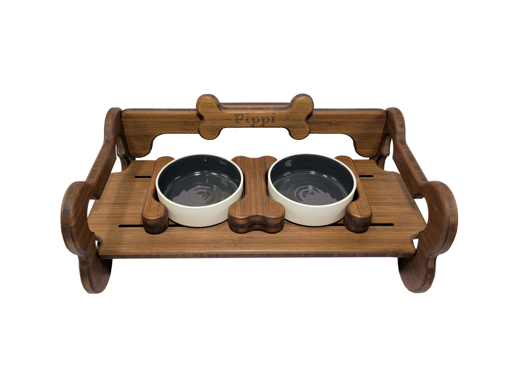Personalized Chocolate Bamboo Adjustable Dog Food Bowl Tray Holder